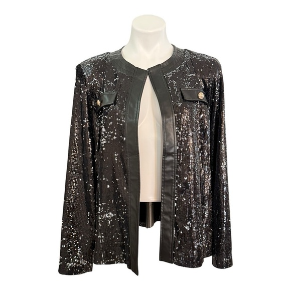 MING WANG Open Front Sequin Vegan Leather Jacket Black Size M NEW - Picture 6 of 12